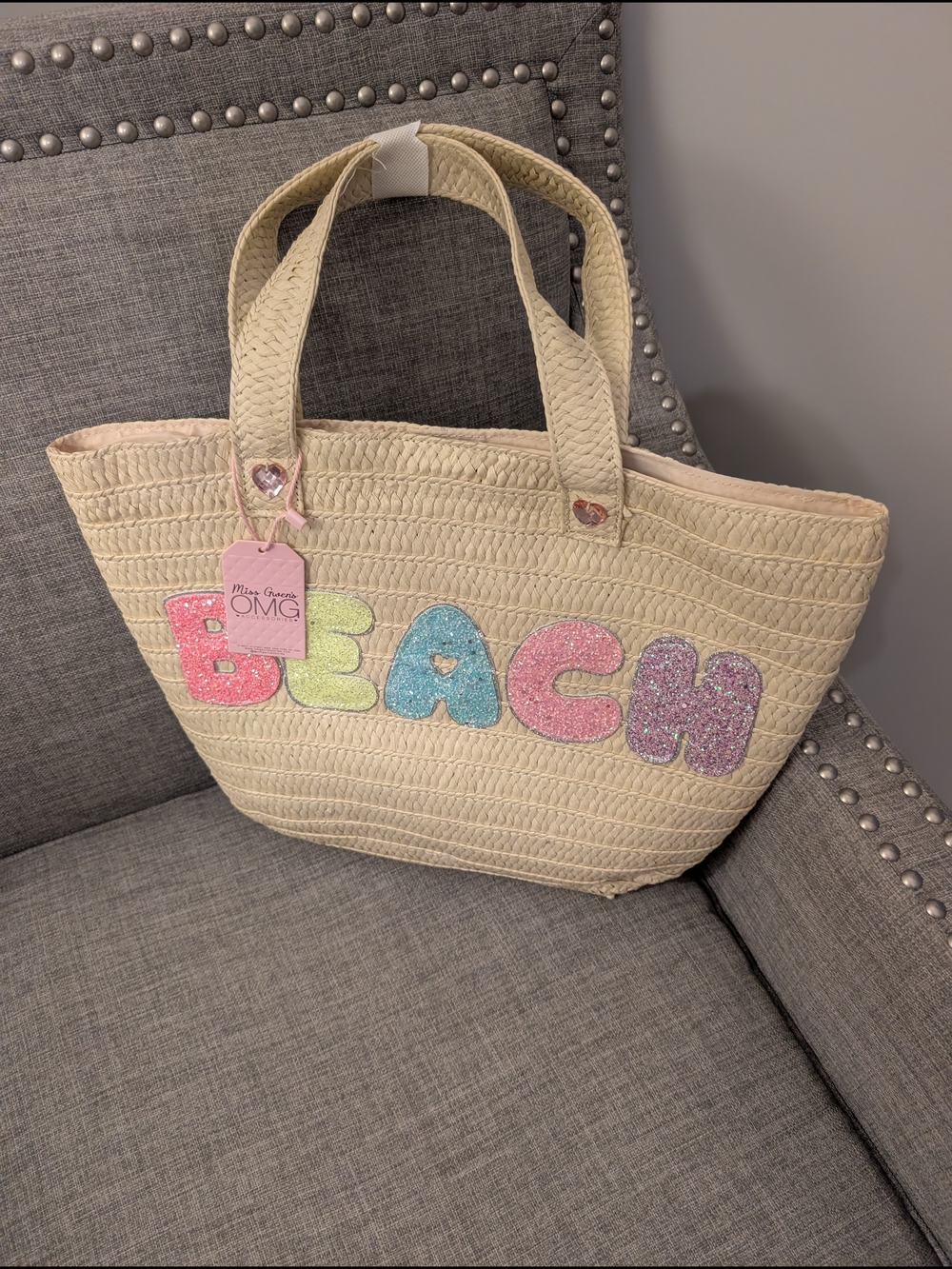 OMG Miss Gwen's Accessories Straw And Sparkle Pastel Beach Handbag NWT